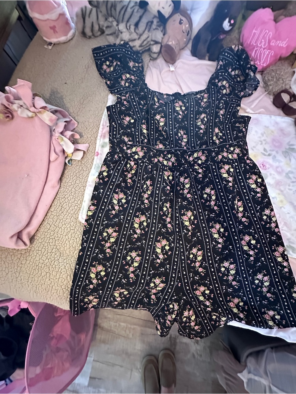 BloomChic Black Floral Ruffle-Sleeve Romper with Pink Accents
